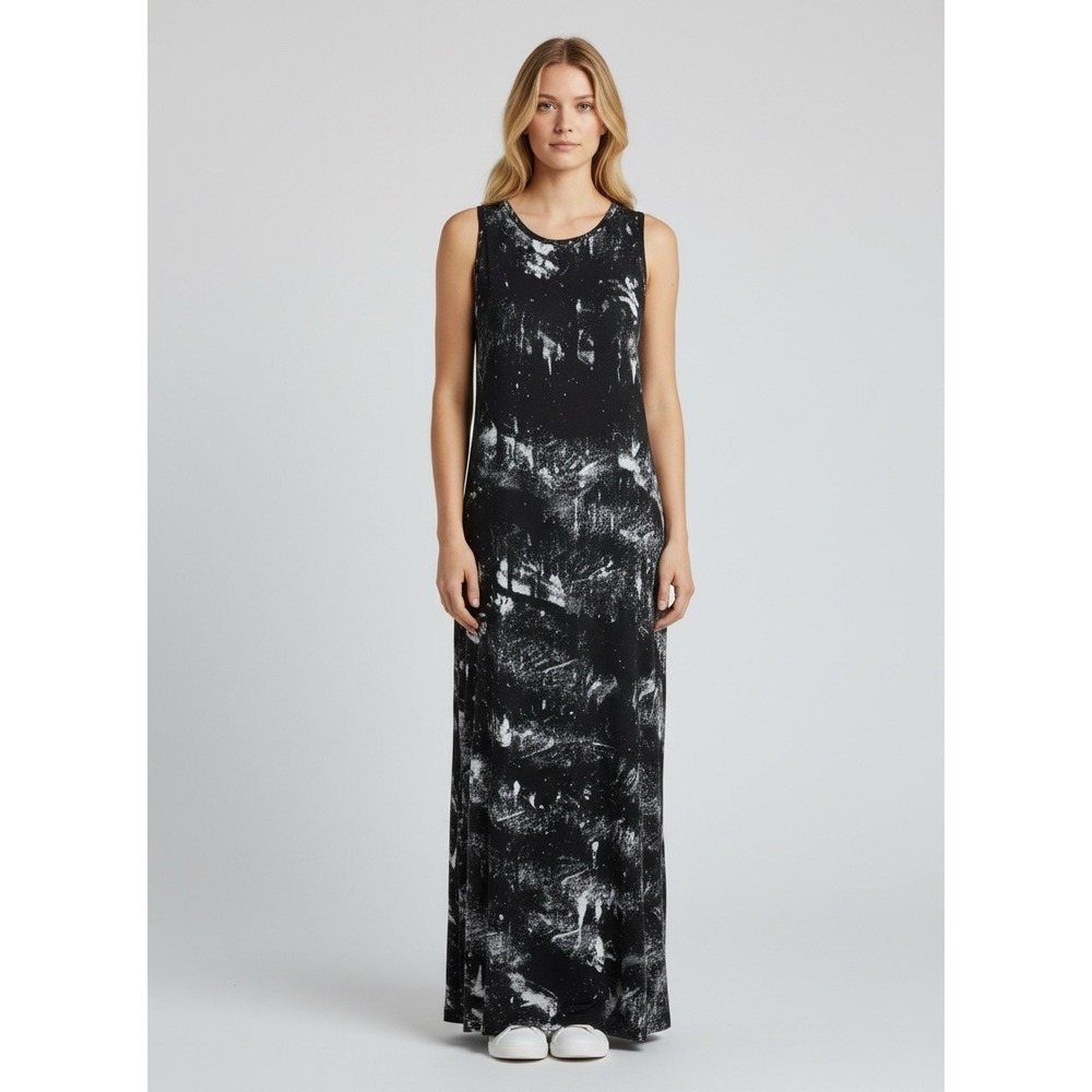 Nicole Paloma Sleeveless Maxi Dress Black White Hand Painted Abstract Small